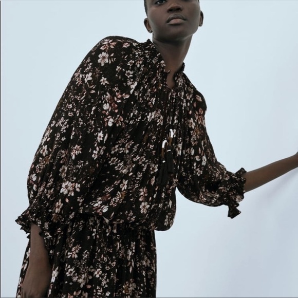 ZARA Black Mini Floral Printed Dress Size Medium - Picture 2 of 10